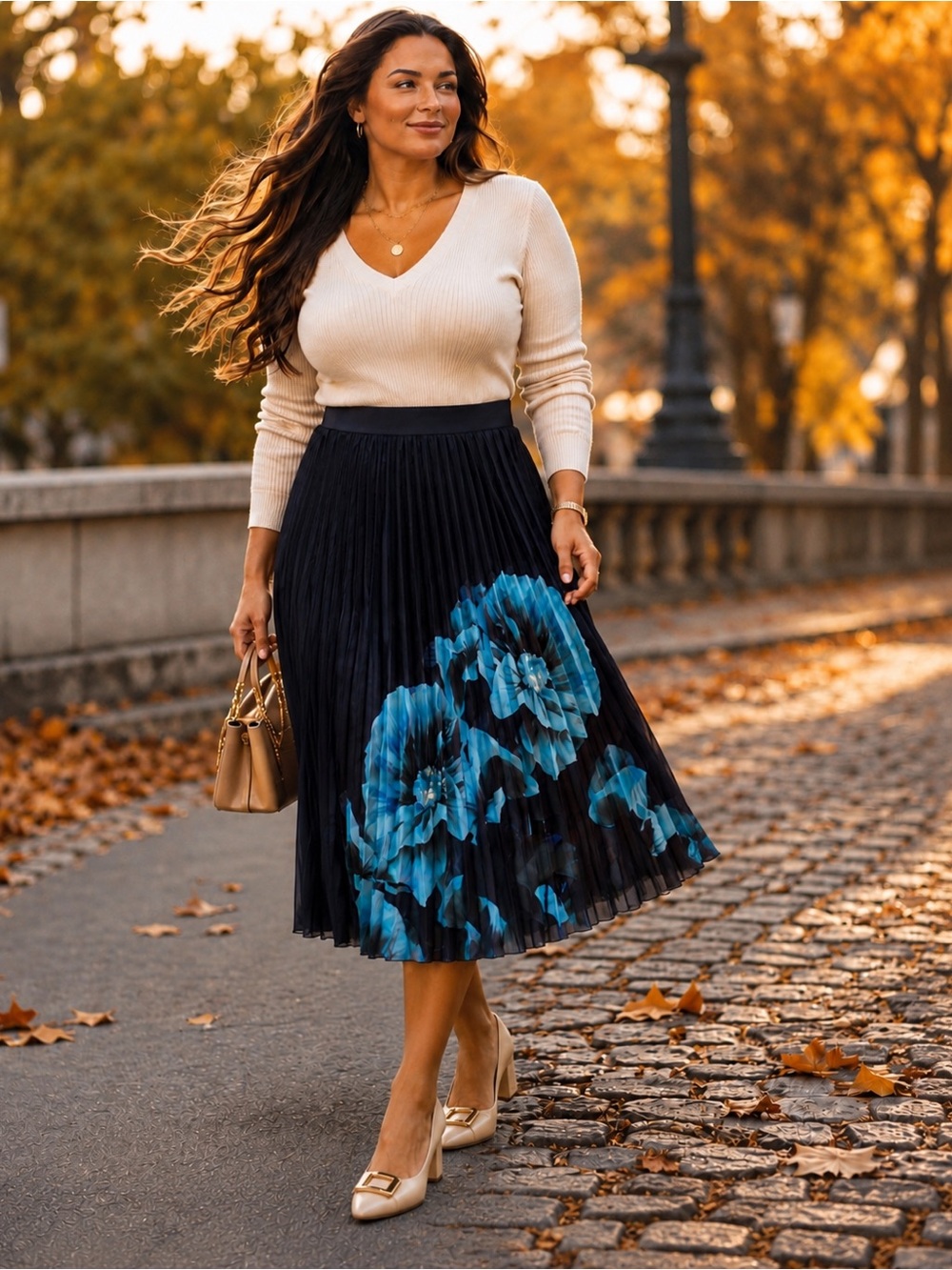NWOT Joie Size S Black Pleated Midi Skirt Blue Floral Print | Statement Piece